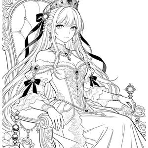 Pu&ograve; includere: Illustrazione in bianco e nero di una donna in abito e corona regali, seduta su un trono ornato. Il disegno dettagliato presenta lunghi capelli fluenti, pizzo intricato e abbellimenti decorativi, evocando regalit&agrave; ed eleganza.