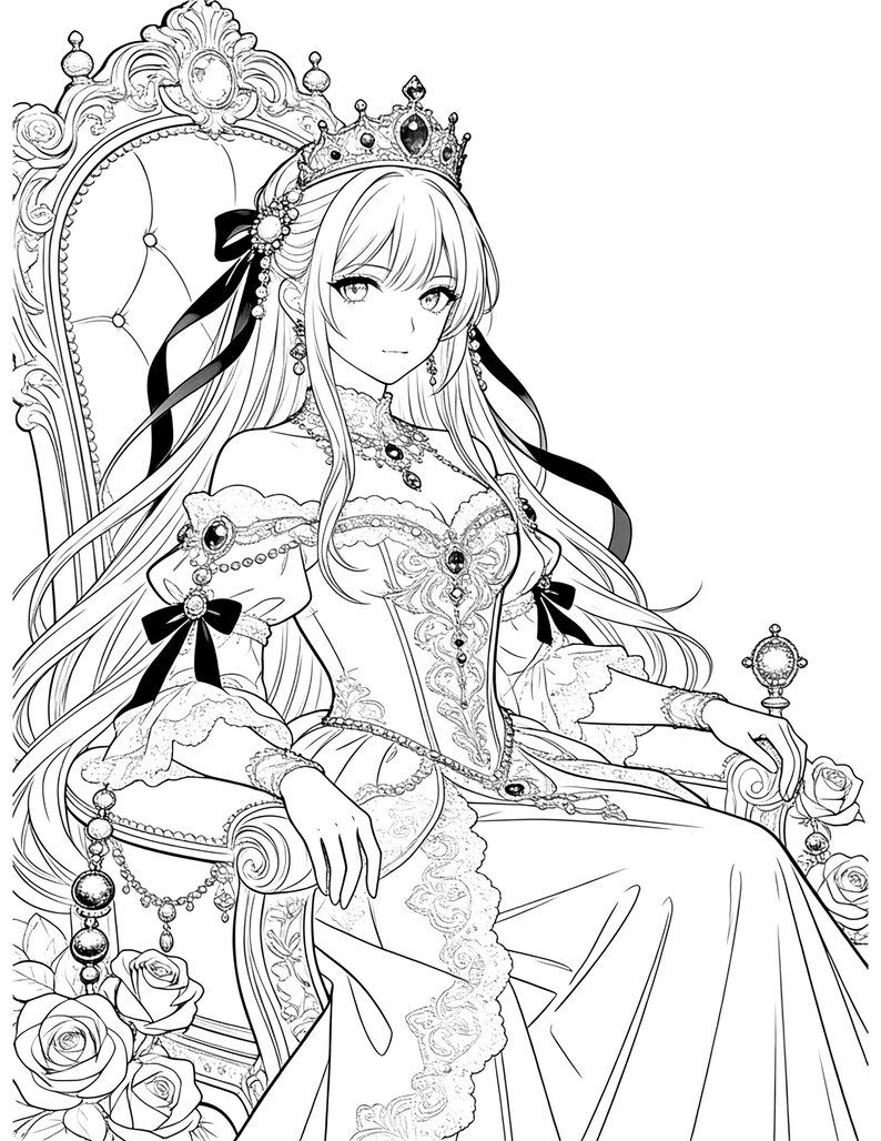 Pu&ograve; includere: Illustrazione in bianco e nero di una donna in abito e corona regali, seduta su un trono ornato. Il disegno dettagliato presenta lunghi capelli fluenti, pizzo intricato e abbellimenti decorativi, evocando regalit&agrave; ed eleganza.