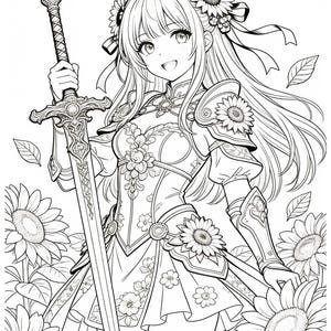 50 pagine da colorare di anime stampabili, libro da colorare di principesse anime, libro da colorare di guerrieri e principesse, download digitale immagine 4