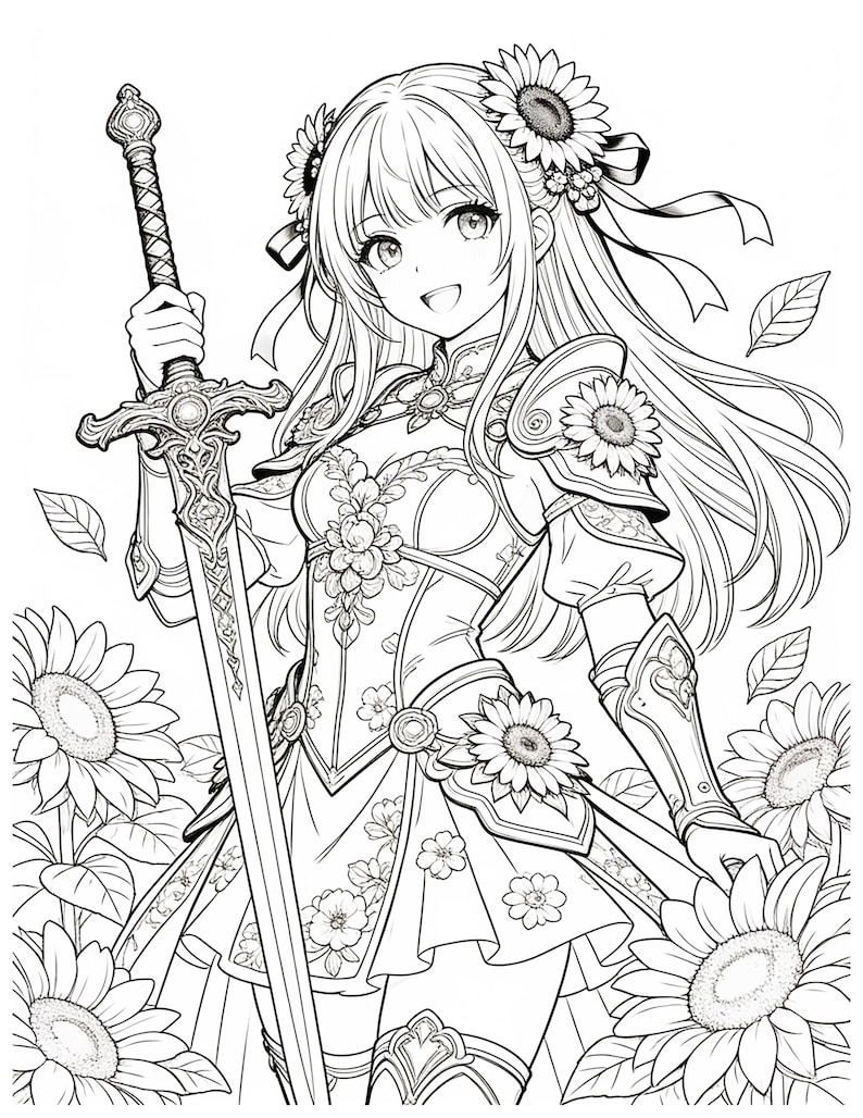 50 pagine da colorare di anime stampabili, libro da colorare di principesse anime, libro da colorare di guerrieri e principesse, download digitale immagine 4