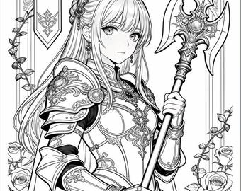Può includere: Un'illustrazione in bianco e nero a tratto di una figura guerriera che indossa un'armatura decorata e una corona, tenendo un'arma inastata. La figura è incorniciata da stendardi decorativi, rampicanti e rose in uno stile dettagliato.