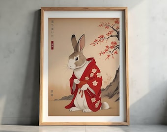 Arte Digital Zen Bunny, Arte Tradicional Japonés, Decoración de Meditación, Espacio Zen