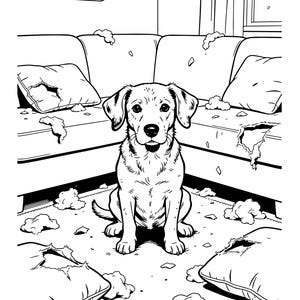 May include: Black and white line art illustration of a dog sitting on a floor, surrounded by torn pillows and debris. The dog is looking directly at the viewer with a slightly guilty expression. The scene suggests playful mischief.
