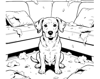 Può includere: Illustrazione in bianco e nero di un cane seduto su un pavimento, circondato da cuscini strappati e detriti. Il cane guarda direttamente lo spettatore con un'espressione leggermente colpevole. La scena suggerisce una giocosa malizia.