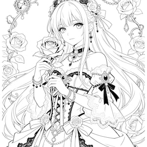 50 pagine da colorare di anime stampabili, libro da colorare di principesse anime, libro da colorare di guerrieri e principesse, download digitale immagine 1