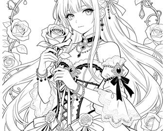 50 páginas para colorear de anime imprimibles, libro para colorear de princesas de anime, libro para colorear de guerreras y princesas, descarga digital