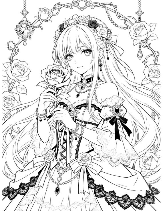 50 Printable Anime Coloring Pages, Anime Princess Coloring Book , Warrior and Princess Coloring Book,  Digital Download