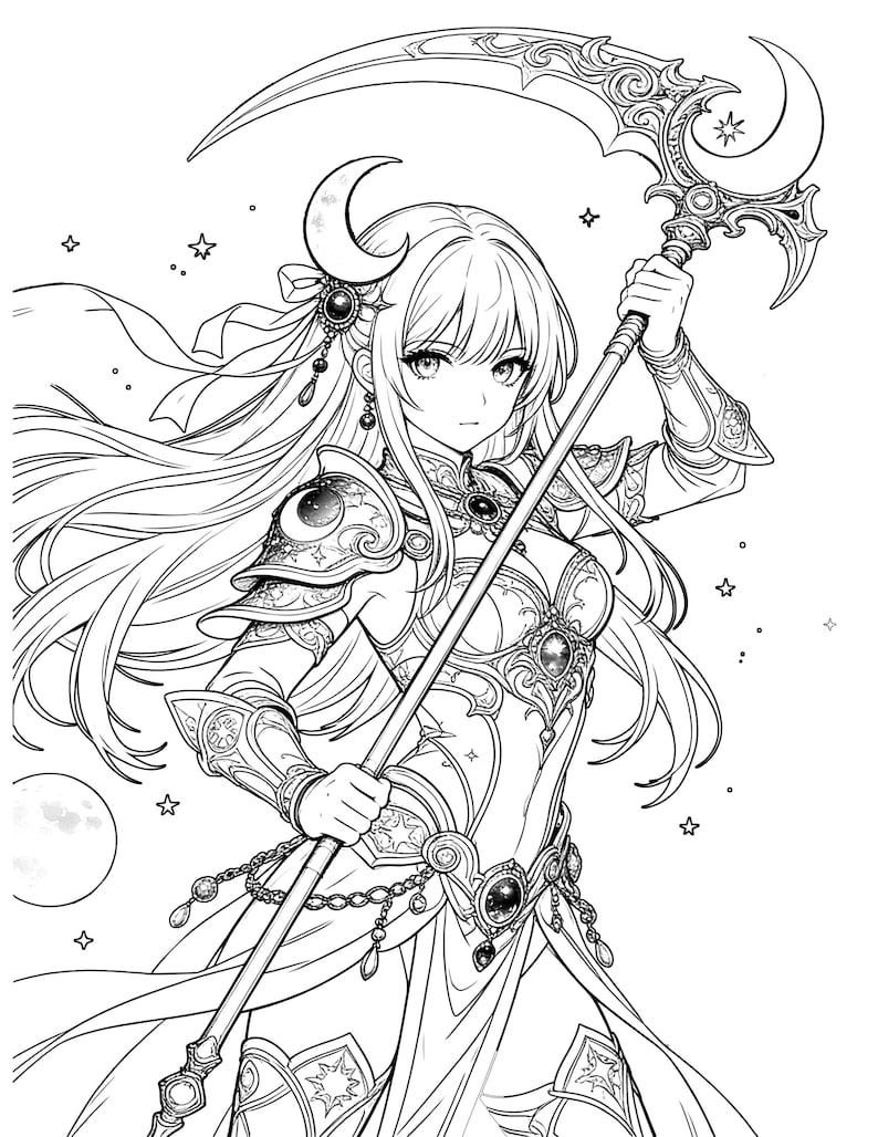 50 pagine da colorare di anime stampabili, libro da colorare di principesse anime, libro da colorare di guerrieri e principesse, download digitale immagine 7