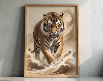 Puede incluir: Impresión artística enmarcada que representa un tigre caminando por el agua. El tigre tiene rayas naranjas y negras con pecho y cara blancos. La obra de arte está en un marco de madera y tiene un fondo neutro.