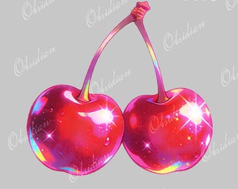 Puede incluir: Ilustración digital de dos cerezas. Las cerezas son de un rojo vibrante con reflejos brillantes y gotas de agua. Los tallos son largos y curvados, con un tono rosado. El fondo es gris claro.
