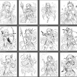 Pu&ograve; includere: Una collezione di illustrazioni in bianco e nero raffiguranti personaggi femminili in stile anime in vari contesti fantasy. Ogni immagine presenta un disegno a tratto dettagliato di donne in costumi elaborati, che brandiscono armi o circondate da elementi magici. Adatto per la colorazione.