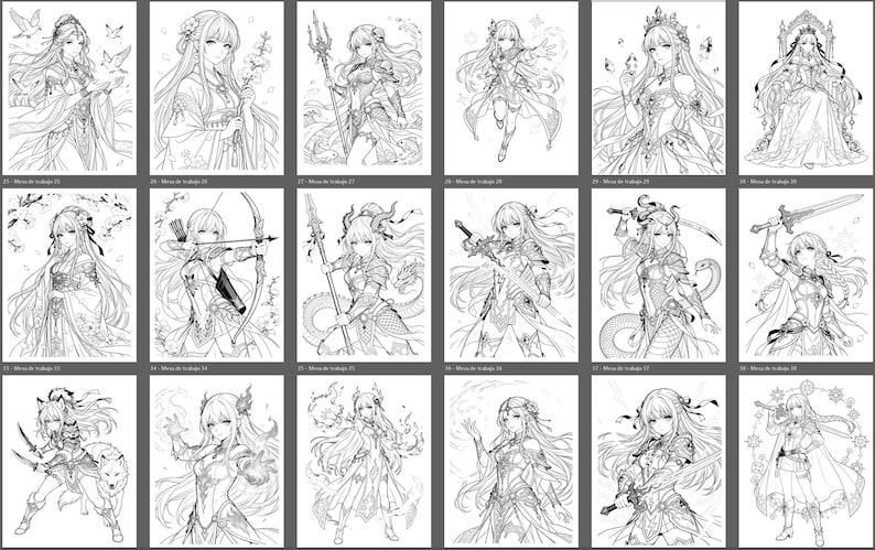 Pu&ograve; includere: Una collezione di illustrazioni in bianco e nero raffiguranti personaggi femminili in stile anime in vari contesti fantasy. Ogni immagine presenta un disegno a tratto dettagliato di donne in costumi elaborati, che brandiscono armi o circondate da elementi magici. Adatto per la colorazione.
