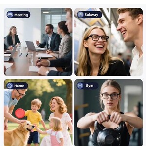 Puede incluir: Un collage de cuatro im&aacute;genes que representan diferentes escenarios: una reuni&oacute;n de negocios, un viaje en metro, una familia en casa y una mujer en el gimnasio. Cada escena presenta a personas con gafas, lo que sugiere un enfoque en productos de &oacute;ptica.