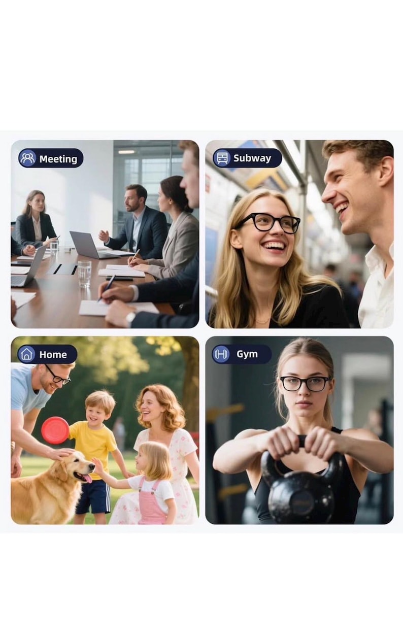 Puede incluir: Un collage de cuatro im&aacute;genes que representan diferentes escenarios: una reuni&oacute;n de negocios, un viaje en metro, una familia en casa y una mujer en el gimnasio. Cada escena presenta a personas con gafas, lo que sugiere un enfoque en productos de &oacute;ptica.