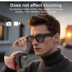 Puede incluir: Gafas con montura negra de forma rectangular, sostenidas por una persona. Las gafas tienen una peque&ntilde;a c&aacute;mara y est&aacute;n dise&ntilde;adas para bloquear la luz LED. El texto de la imagen dice: "No afecta a la toma de fotos."