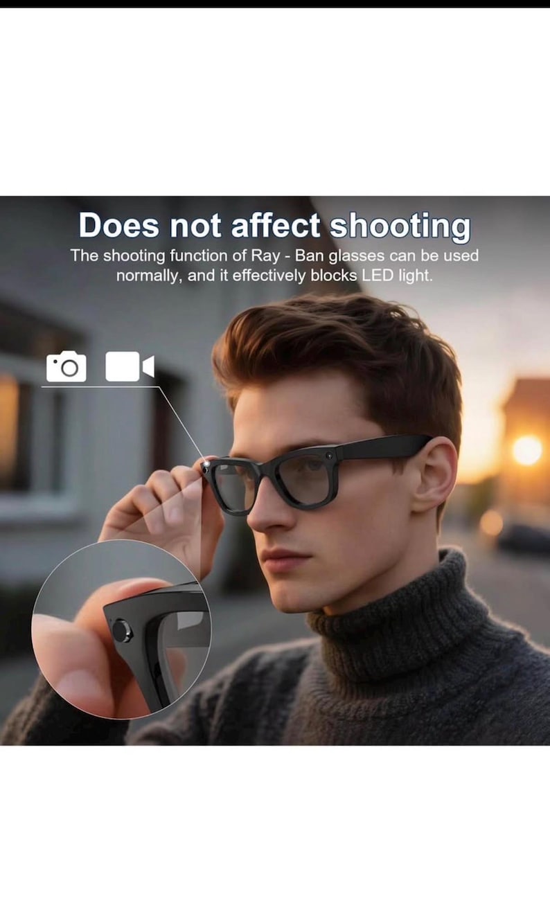 Puede incluir: Gafas con montura negra de forma rectangular, sostenidas por una persona. Las gafas tienen una peque&ntilde;a c&aacute;mara y est&aacute;n dise&ntilde;adas para bloquear la luz LED. El texto de la imagen dice: "No afecta a la toma de fotos."