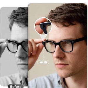 May include: A split image shows a man wearing black-framed glasses. The left side is a black and white image labeled "Before." The right side, labeled "After," shows the man in color, with a close-up of the glasses' features. The glasses have a camera icon.