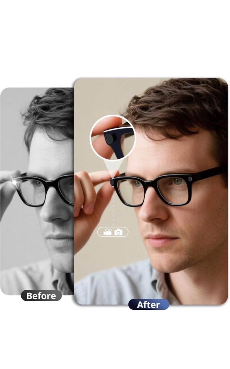 Puede incluir: Imagen dividida que muestra a un hombre con gafas de montura negra. El lado izquierdo es una imagen en blanco y negro etiquetada como "Antes". El lado derecho, etiquetado como "Despu&eacute;s", muestra al hombre en color, con un primer plano de las caracter&iacute;sticas de las gafas. Las gafas tienen un icono de c&aacute;mara.