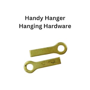 May include: Two brass-colored Handy Hanger Hanging Hardware pieces. Each piece has a rectangular body with a circular hole on one end. The text "Handy Hanger Hanging Hardware" is printed above the hardware.