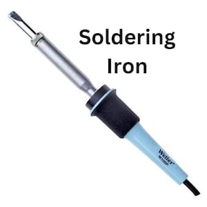May include: A blue and black soldering iron with a Weller W100P label. The iron has a pointed tip and a black handle.