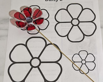 MÖNSTER Bred prästkrageblomma i målat glas, PDF digital mall i 4 storlekar, glasblomstjälk eller växtpåle, kommersiell/hobbylicens