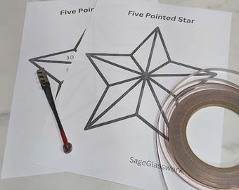 May include: A printed template for a five-pointed star with a copper foil tape roll and a glass cutter tool. The template has the text "Five Pointed Star" and "SageGlasswork".