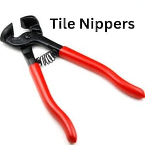 May include: Red handled tile nippers with a black metal cutting head and a spring. Tile Nippers is written in black text above the tool.