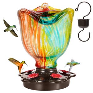 Hand Blown Glass Rose Hummingbird Feeder: Rust Proof Ant Moat, 25 oz