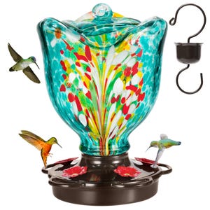 Hand Blown Glass Rose Hummingbird Feeder: Rust Proof Ant Moat, 25 oz