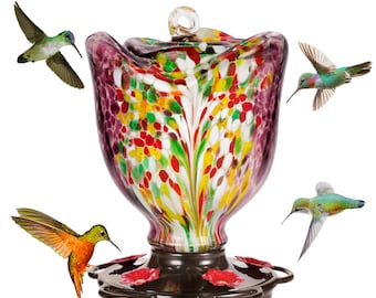 Hand Blown Glass Rose Hummingbird Feeder: Rust Proof Ant Moat, 25 oz