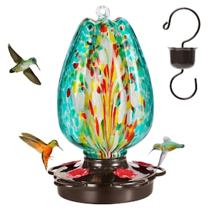 Hand Blown Glass Tulip Hummingbird Feeder: Rust Proof Ant Moat, 28 oz