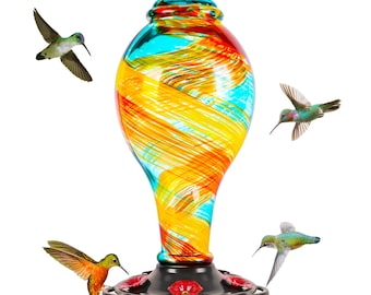 Lassi Hand Blown Glass Hummingbird Feeder, 25 oz, Leakproof, Includes Hook & Ant Moat