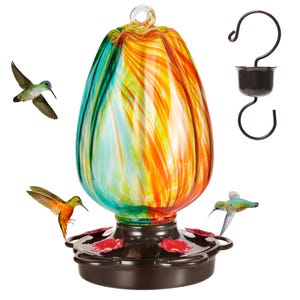 Hand Blown Glass Tulip Hummingbird Feeder: Rust Proof Ant Moat, 28 oz