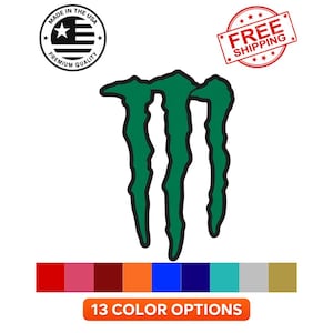 May include: Green stylized logo with three claw-like shapes, with a black outline. The image includes a color palette of 13 options and the text "13 COLOR OPTIONS". There are also two circular stamps with text and a star.