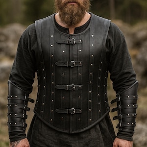 Black Leather Warrior Vest & Bracers Set: Medieval Viking Armor