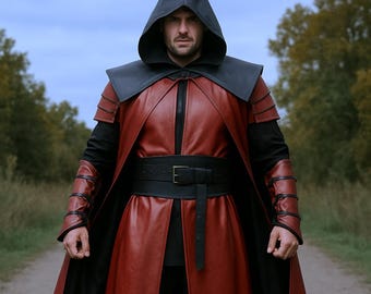 Red and Black Leather Warrior Cloak: Hooded LARP Cosplay Costume