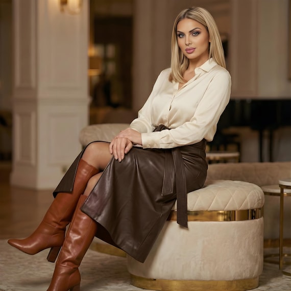 Dark Brown Sheep Leather Midi Skirt | High Waist Pencil Skirt