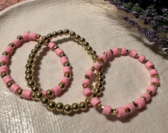 Pink & Gold Beaded Bracelet Stack: Handmade Stretchy Boho Jewelry - Set of 3