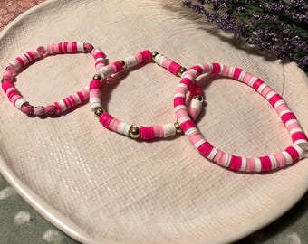 Pink & Gold Beaded Bracelet Stack: Boho Stretchy Jewelry Set