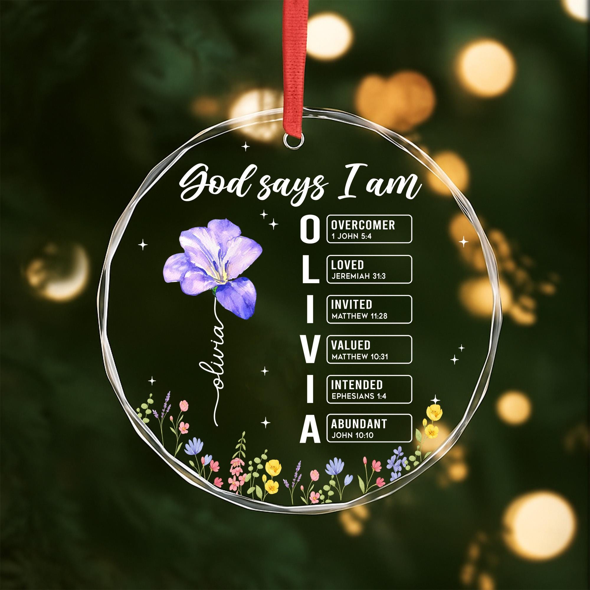 God Says I Am Glass Ornament, Personalized Birth Flower Bible Verse ...