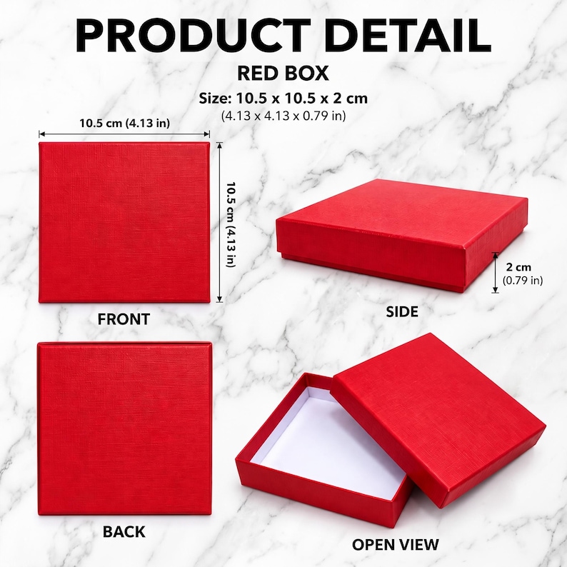 Puede incluir: Una caja cuadrada roja con acabado texturizado, mostrada desde el frente, atr&aacute;s, lado y abierta. La caja mide 10,5 x 10,5 x 2 cm. La vista abierta revela un interior blanco. El texto en la imagen dice PRODUCT DETAIL, RED BOX y dimensiones.