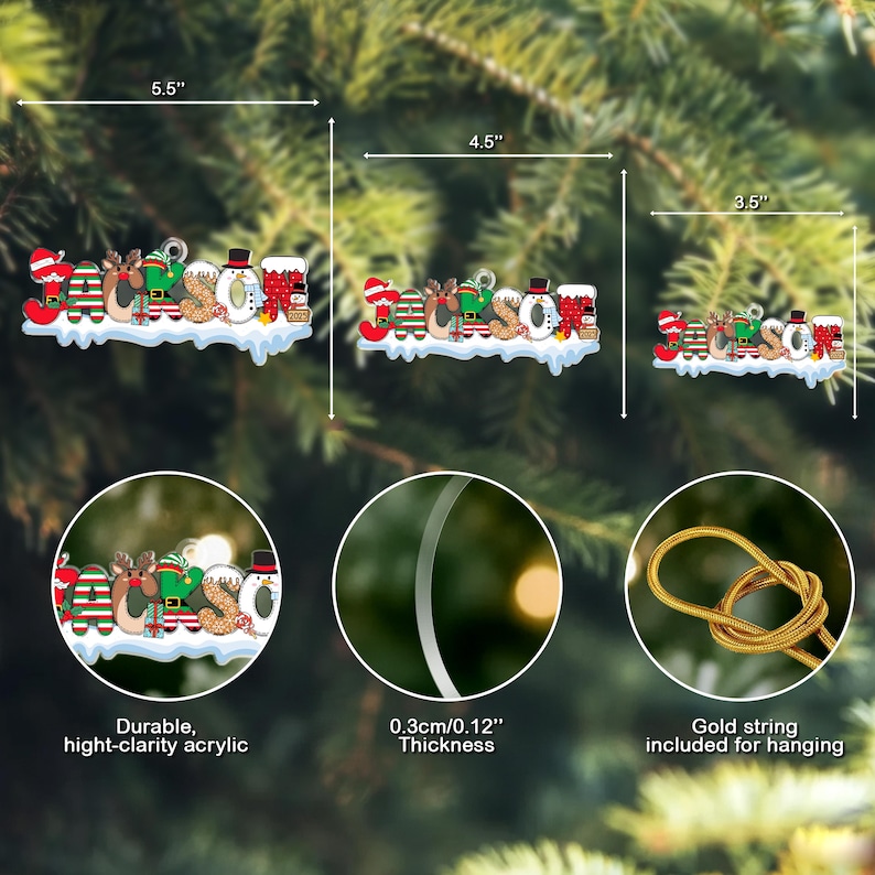 Puede incluir: Un adorno de nombre personalizado con las letras de JACKSON decoradas con temas navide&ntilde;os como renos, mu&ntilde;ecos de nieve y regalos. Disponible en anchos de 13,97, 11,43 y 8,89 cm, con un grosor de 0,3 cm e incluye un cord&oacute;n dorado para colgar.