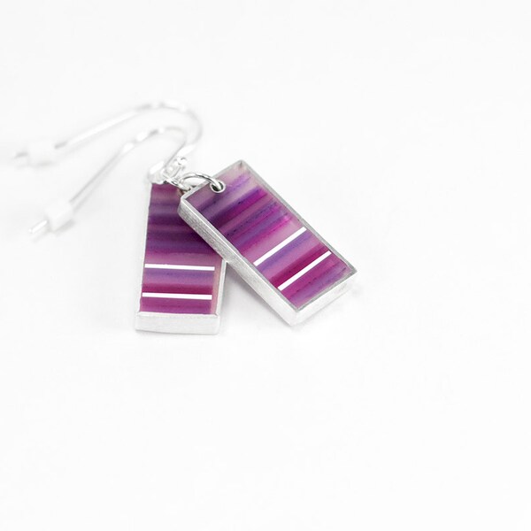 Lined Up Earrings (dangle) - sterling silver with multicolored striped resin pink and purple Valentine's Day