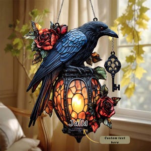 ACRYLIC Gothic Crow & Rose Lantern Suncatcher | Vintage Key Charm Window Sun Catcher, Dark Cottagecore Halloween Raven Decor Gift