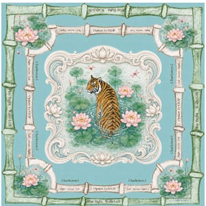 May include: A square scarf featuring a central tiger in a pond with pink lotus flowers, enclosed by an ornate white frame. The border consists of green bamboo stalks and text including Charleston 1, Charleston 2, Option To STOP, and Play Right WALLS Left.