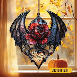 Gothic Rose Bat Wings Acrylic Suncatcher – Crimson Hearts Window Décor