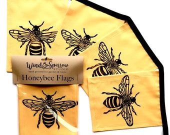 Honeybee Flags, Cotton flags with bee prints, Gift for gardener, Flower garden decoration, Urban farm, Gift for beekeeper, Pollinator flags