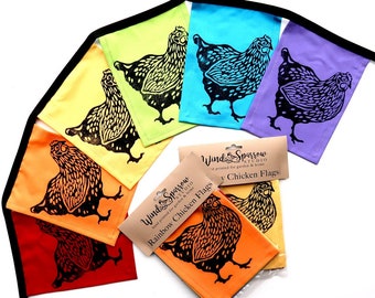 Rainbow Chicken Garden Flags: Block Printed Coop Decor