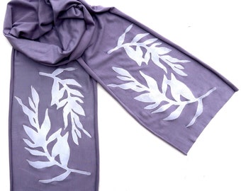 Laurel Skinny Scarf (white ink) - Scarf Belt - Boho Scarf - Jersey Scarf - Layering Scarf - Leaf Print - Purple Scarf - Botanical Print