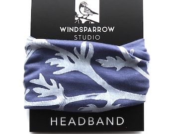 Parsley Print Headband: Denim Blue Jersey Knit Boho Hair Wrap